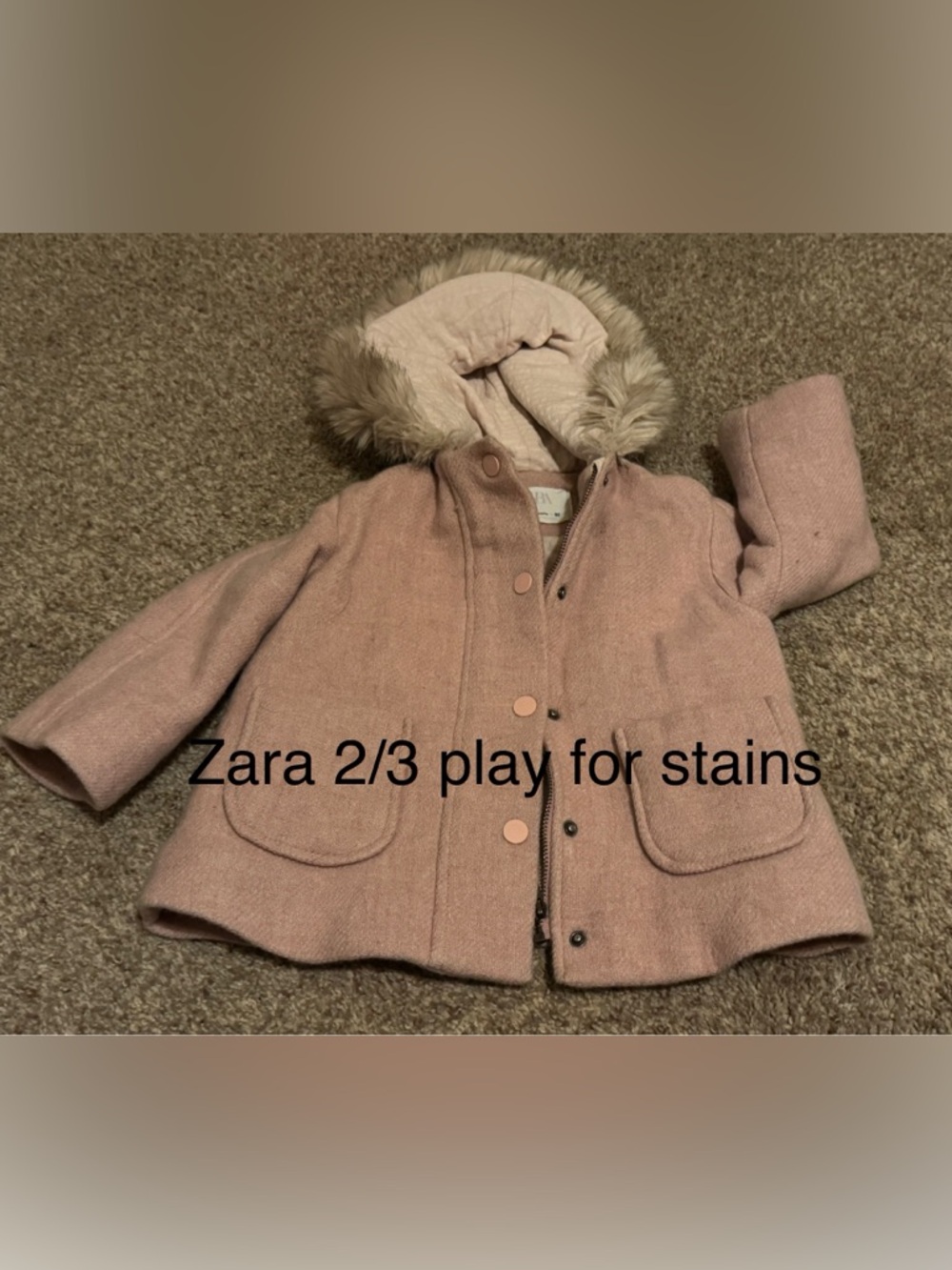 Toddler Pink Wool-Blend Hooded Coat with Faux Fur Trim